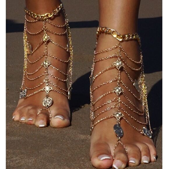 Yellow Gold Multilayered Adjustable Boho Coin Anklet Foot Chains - Set of 2 - Picture 1 of 6